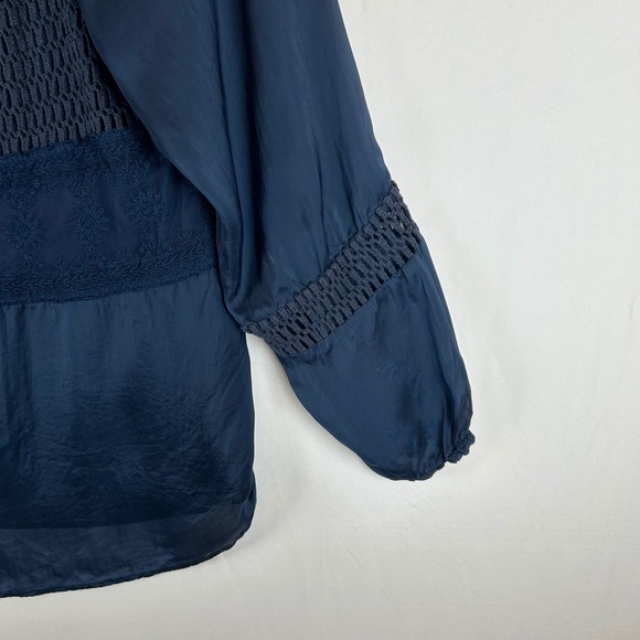 Sundance Crochet Trim Blouse Top Women's Medium Blue Long Sleeve Square Neck - Picture 7 of 7